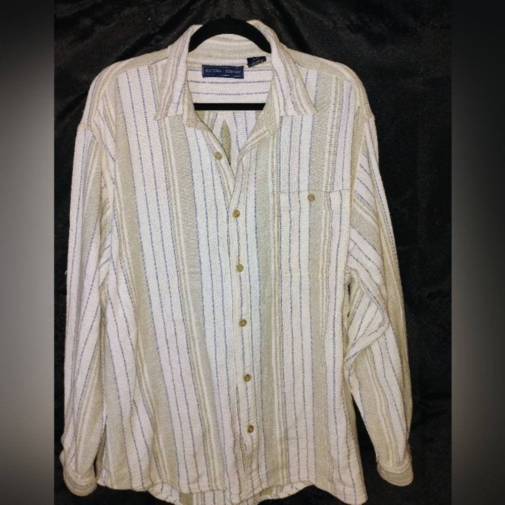 Vintage Cream Striped Casual Button Down Shirt Sz Xl
